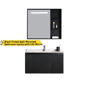 Black Fluted Wall-Mounted Bathroom Vanity with LED Mirror and Ceramic Basin Modern Minimalist Design - Product Image 1