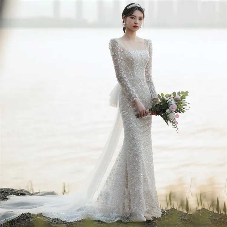 French light wedding dresses bride fish tail wedding dresses bridal sequin wedding gown