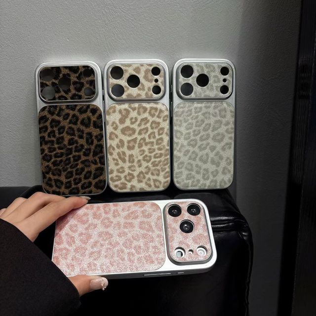 Luxury Leopard Print PU Leather Glitter Matte Phone case for Iphone 17 air 16 Por Max TPU Bumper Hard Back Lens Frame Full Cover