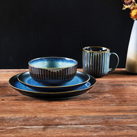 Vaisselle Japonaise en Porcelaine Bleue, Bol, Cuillère, Soucoupe, Assiette, Vaisselle, Batterie de Cuisine en Céramique, Vente en Gros