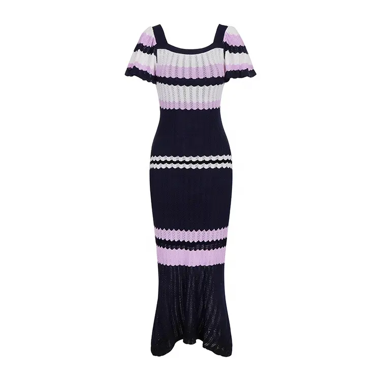 Knitwear manufacturers custom summer against color square collar wave stripe slim elegant fashion long women kint dress