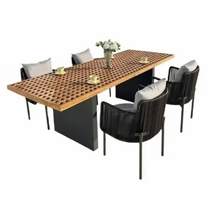 Set <span class=keywords><strong>da</strong></span> Pranzo Moderno per Esterni, Arredamento <span class=keywords><strong>da</strong></span> Patio con Tavolo in Legno di Teak Naturale e Sedie in Corda Intrecciata Nera, per Hotel e Resort - Product Image 6
