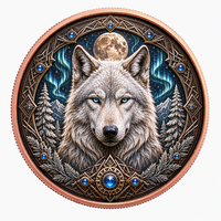 Pièces de monnaie en cuivre à haute relief 5 oz .999 Cuivre pur Impression UV colorée Loup arctique Yeux bleus Lune aurore Gemme bleue Pièces de monnaie en cuivre