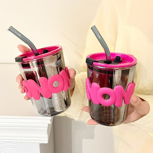 Phong Cách Mới Ly Cà Phê Thủy Tinh Với Nắp Rơm Và Silicone Thư Tay Áo 450Ml <span class=keywords><strong>350Ml</strong></span> Cốc Thủy Tinh - Product Image 1