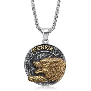 Fenrir Wolf Head <b>Titanium</b> Steel Gold Plated Viking Pendant Necklace For Men - Product Image 1