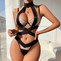 Set Lingerie Seksi Berkerah Tinggi dengan Tali Lebar, Bra Berkawat Jala, Bodysuit Ukuran Besar, Pakaian Dalam Wanita Mewah Grosir Tanpa Jahitan