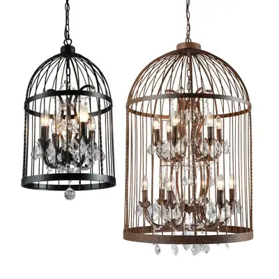 loft lamp iron art retro indoor hanging lights industrial birdcage crystal chandeliers vintage luxury pendant lamp