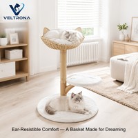 Arbre à chat avec panier en osier oreilles de chat, base en peluche, tronc en bois et perchoir, mobilier d'escalade d'intérieur, vente en gros