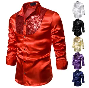 2020 Mannen Luxe Sequin Glitter Shirts Nieuwe Lange Mouwen Zijde Satijn Glanzend Disco Party Shirts Mannen Top Stage Dance prom Kostuum