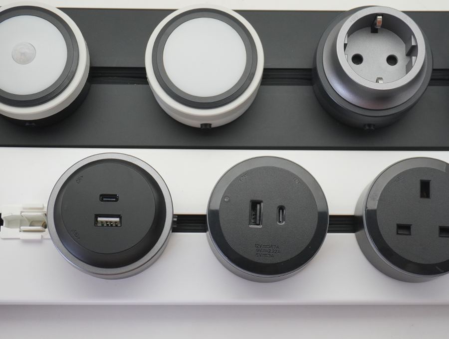 VNX Aluminum Wall 5-Pin With 3-pinTrack Socket Embedded Orbital Movable Power Rail Plug System Desktop Electrical Outlet Panel
