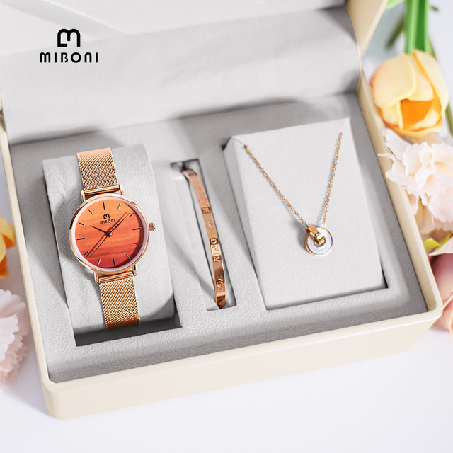 Miboni 2026L Luxury Japan Miyota Quart Watch Sets Titanium Steel Bracelet Necklace Jewelry Gift Box Fashion Wristwatch for Women
