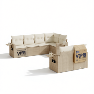 Conjunto de Sofás de Jardín de Ratán Beige para 6 Personas, Diseño Contemporáneo para Exteriores, Muebles con Estructura de Mimbre - Product Image 1