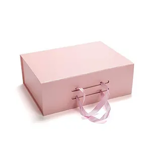 Easy Folding Carry Pink Paper Custom Logo Printed Packaging Magnetic Gift Box With Handle