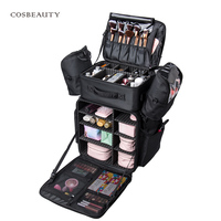 Koncai 4 en 1, boîte de maquillage en nylon personnalisée pour les voyages, grande boîte de rangement cosmétique noire, organisateur de maquillage à roulettes, valise de beauté