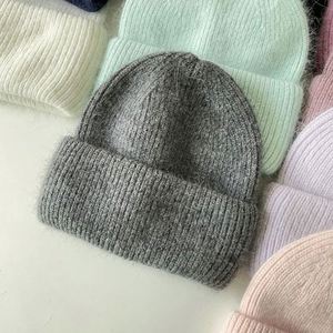 Wholesale Solid Color Angora Rabbit Fur <b>Winter</b> Cap Custom Logo Women Men Fisherman Classic Cuffed Ski Style Knitted Beanies Hat - Product Image 6