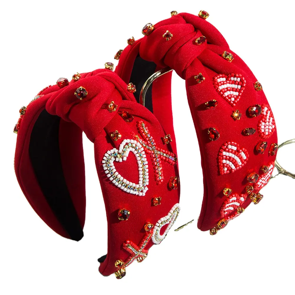 Bando bersimpul hari Valentine wanita, ikat kepala lebar bahan beludru, bando pita untuk manik-manik