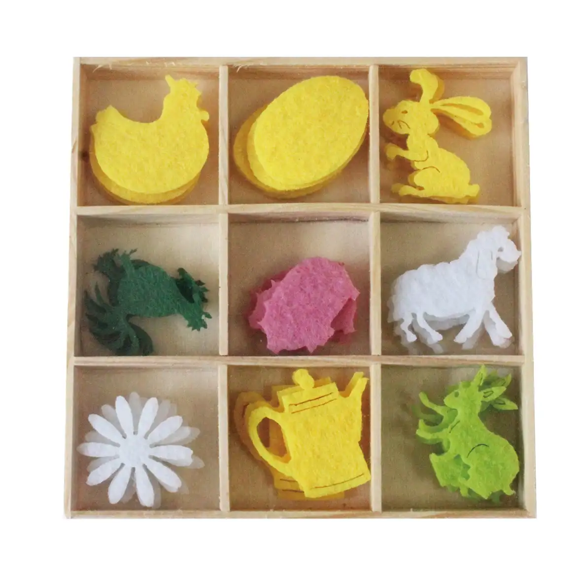 23472 36pcs 다채로운 디자인 나무 상자 양모 펠트 공예 장식 모양 나비 동물 사랑 심장