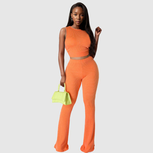 Price Flare Pants Womens <b>Sets</b> Wide Leg Pants Suit Sleeveless Crop Top <b>Knitted</b> Two Pieces <b>Set</b> Fashion - Product Image 2