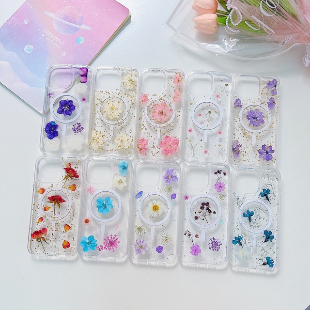 Customized Transparent Real Pressed Dried Flowers Blossom Trendy PC TPU Cover With Wireless Charging Phone Case for iPhone 15pro
