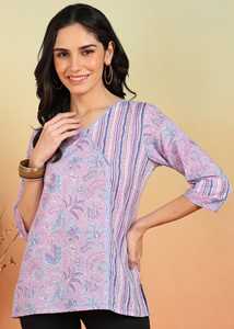 Haut décontracté pour femme en coton à imprimé floral, col rond et manches courtes, longueur classique, écologique, respirant, ensemble unique - Product Image 5