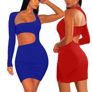 Fashion design hot night dress sexy one shoulder long sleeve womens dresses party bodycon short dress