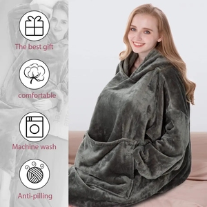 Modern <strong>Oversized</strong> Sherpa Hooded Flannel Pullover Sweater Character for <strong>Men</strong> Women Loose Fit Warm Wearable <strong>Blanket</strong> Quilted Woven - Product Image 2