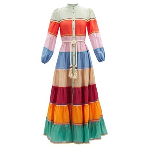 Abito lungo a strisce colorate con cintura in corda e bottoni frontali, casual da donna, a maniche lunghe - Product Image 6