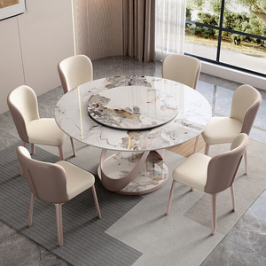 Table à manger ronde pivotante en pierre frittée de style italien moderne et luxueux, avec plateau tournant, 8 places, meubles pour la maison - Product Image 1