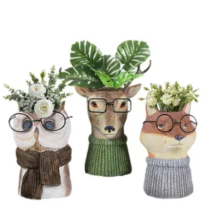 森林动物花盆花瓶装饰花园庭院家居装饰猫头鹰鹿桌面工艺
