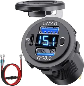 12V USB Outlet Qidoe USB C Car Charger Socket Dual PD 20W And 18W QC3.0 Port USB Car Socket With Voltmeter Button Switch