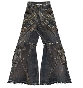 AeeDenim <span class=keywords><strong>Pantaloni</strong></span> <span class=keywords><strong>Cargo</strong></span> Personalizzati in Denim Gotico Hip Hop Y2K Lavato 100% Cotone <span class=keywords><strong>Jeans</strong></span> Larghi a Zampa per <span class=keywords><strong>Uomo</strong></span> - Product Image 3