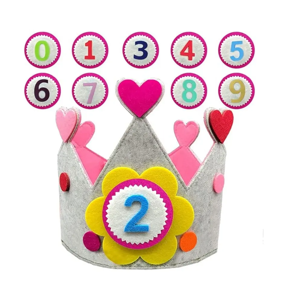 Sombrero de fiesta para niños reutilizable de alta calidad, tela de fieltro rosa, corona de cumpleaños de poliéster con 10 números para decoración de guirnaldas para niñas