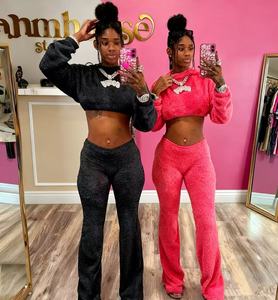 ชุดสูทผ้ากำมะหยี่ขนแกะสีแสด2ชิ้นใส่สบายชุดวอร์มสำหรับผู้หญิงชุดวอร์มสำหรับใส่ในฤดูหนาว - Product Image 1