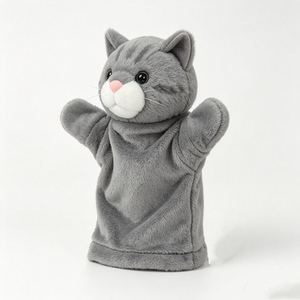 Marioneta de Mano de Gato de Peluche para Niños, Juguete de Peluche Suave de Algodón PP Gris con Malla Bordada, Accesorio para Cumpleaños - Product Image 1