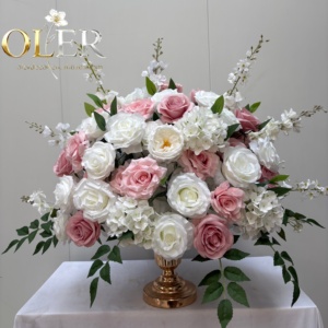 Centre de table floral en soie rose poudré et blanc mélangé, fait main, pour mariage et banquet, vente en gros - Product Image 4