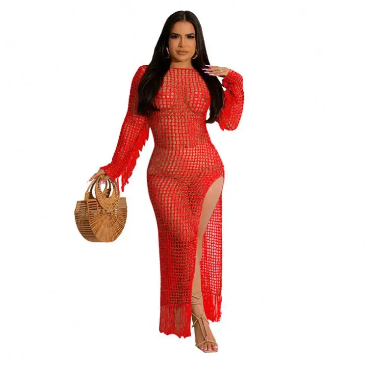 Novedades 2024 Tallas grandes Crochet Hollow Out Manga larga Mujer Ropa de verano Vestido de playa Bikini Cover Ups Ropa de playa con borla