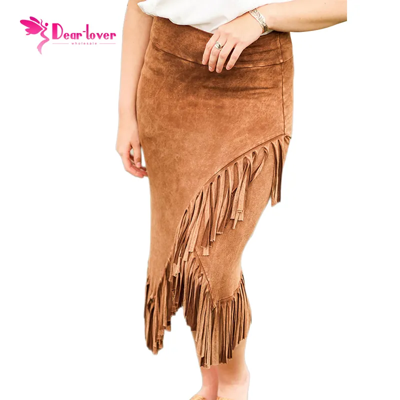 Western Trending Products Brown Tiered Tassel High Waist Women Midi Skirt