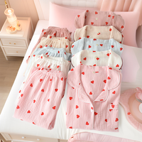OEM/ODM Ensemble pyjama 100% coton à taille élastique respirant à manches longues et motif cœur pour femmes pour le printemps, l'automne et l'été