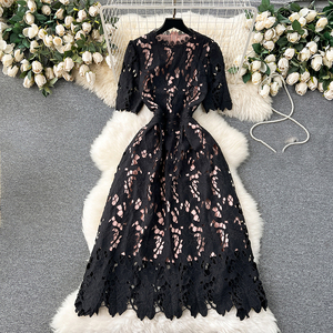 2025 nouveauté mode taille fermeture manches courtes broderie élégante robe mi-longue formelle pour les femmes - Product Image 3