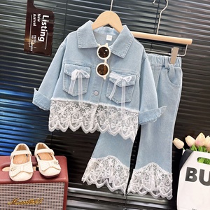 Set di <span class=keywords><strong>Abbigliamento</strong></span> Casual Primaverile e Autunnale per Bambine, Giacca in Denim con Applicazioni in Pizzo e Jeans, Design Alla Moda in Due Pezzi - Product Image 6