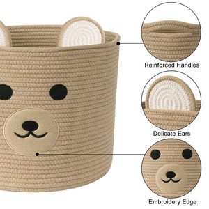 Bear Decorative Cotton Rope Toy Storage Basket <strong>Small</strong> Foldable Fabric Nursery <strong>Hamper</strong> Handles Brown Baby Laundry Basket Households - Product Image 2