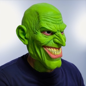 Masque en latex réaliste, drôle et moqueur de sorcier maléfique - Masque de fête d'Halloween effrayant intégral vert fluorescent froissé - Product Image 3