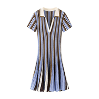 Robe évasée à manches courtes en tricot à rayures verticales bleu et marron vintage pour femmes, col polo, vente en gros, marque privée, OEM