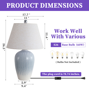 Lámparas de Mesa Azules y Blancas, Base de Cerámica Moderna con Pantalla de Tela, 26.3 Pulgadas de Alto, Lámparas de Noche con Casquillo Estándar E26 - Product Image 3