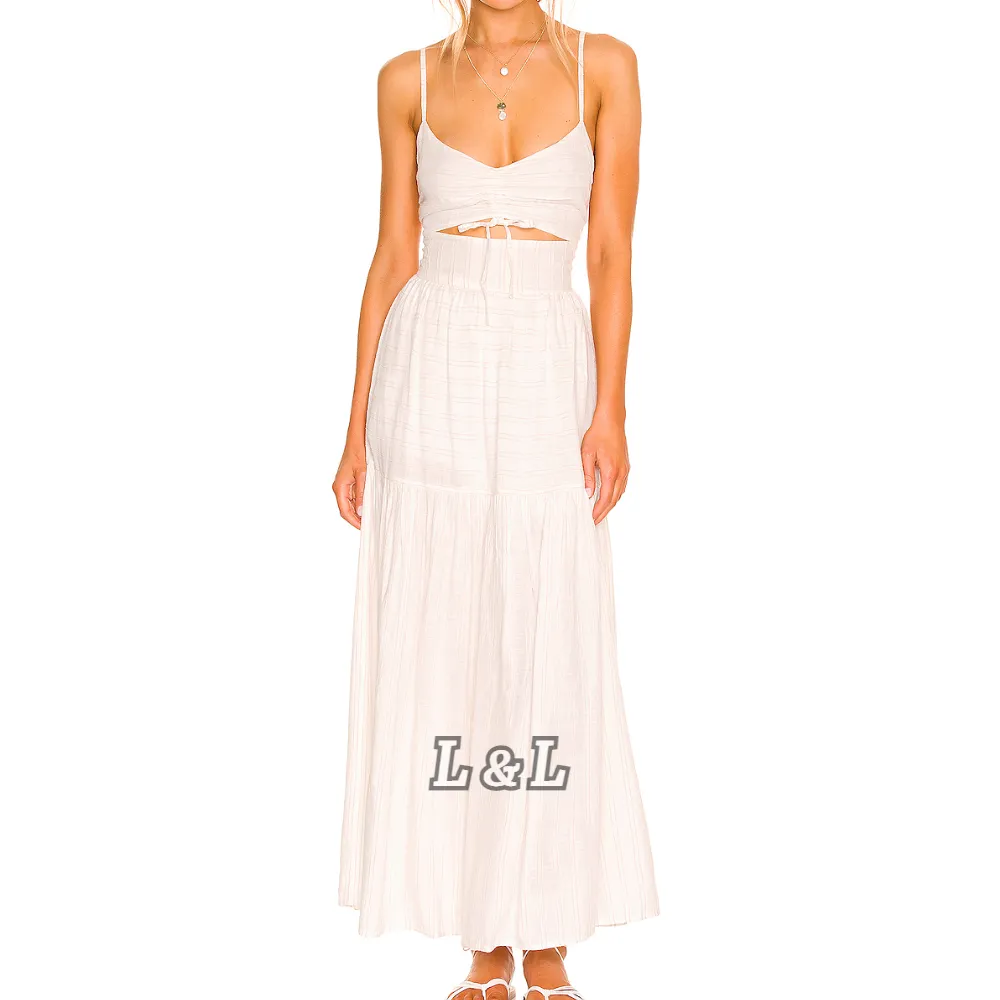 リンダファッション卸売価格広州工場夏カジュアル服綿100% 白背中の開いたストライプ女性ウエスタンドレス