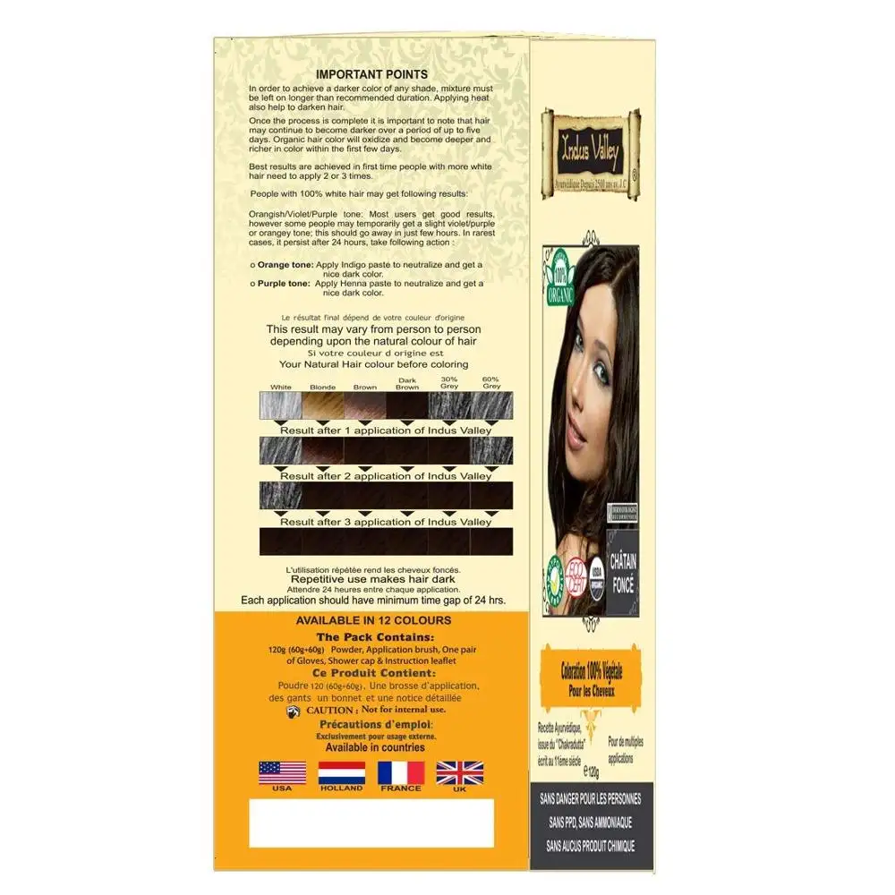 Indus Valley 100% Botanical Organic Dark brown Hair Color For Allergic people sensitivity henna powder with herbs Ecocert