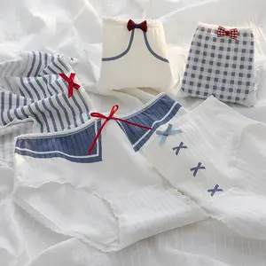 Sous-vêtements japonais en dentelle pour fille, bleu et blanc, sous-vêtements taille moyenne, en coton, mignons, lingerie kawaii, sexy, 0530