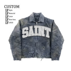 Veste en jean en coton tie-dye personnalisée pour hommes avec col à revers boutonnée à manches longues lavable - Product Image 4