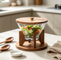 Mangkuk Salad Kayu dengan Tutup Kayu untuk Kemah, Buah, dan Sajian Lainnya