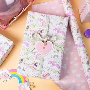 baby shower Gift wrapping <b>paper</b> featuring colorful unicorn <b>pattern</b>.Double sided printing with pink hearts customizable - Product Image 1